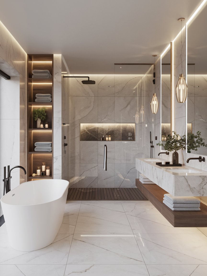 Luxurious modern bathroom with marble finishes and freestanding bathtub