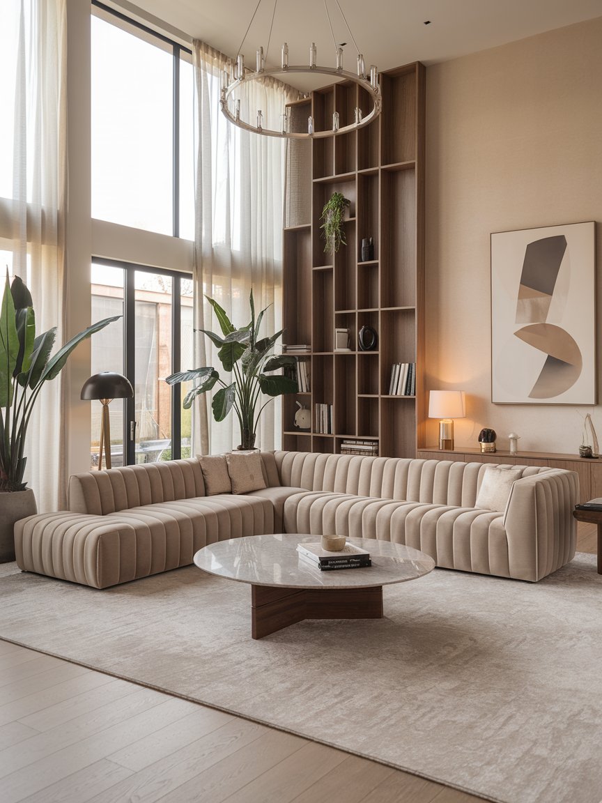 Modern living room with natural wood furniture and warm neutral color palette