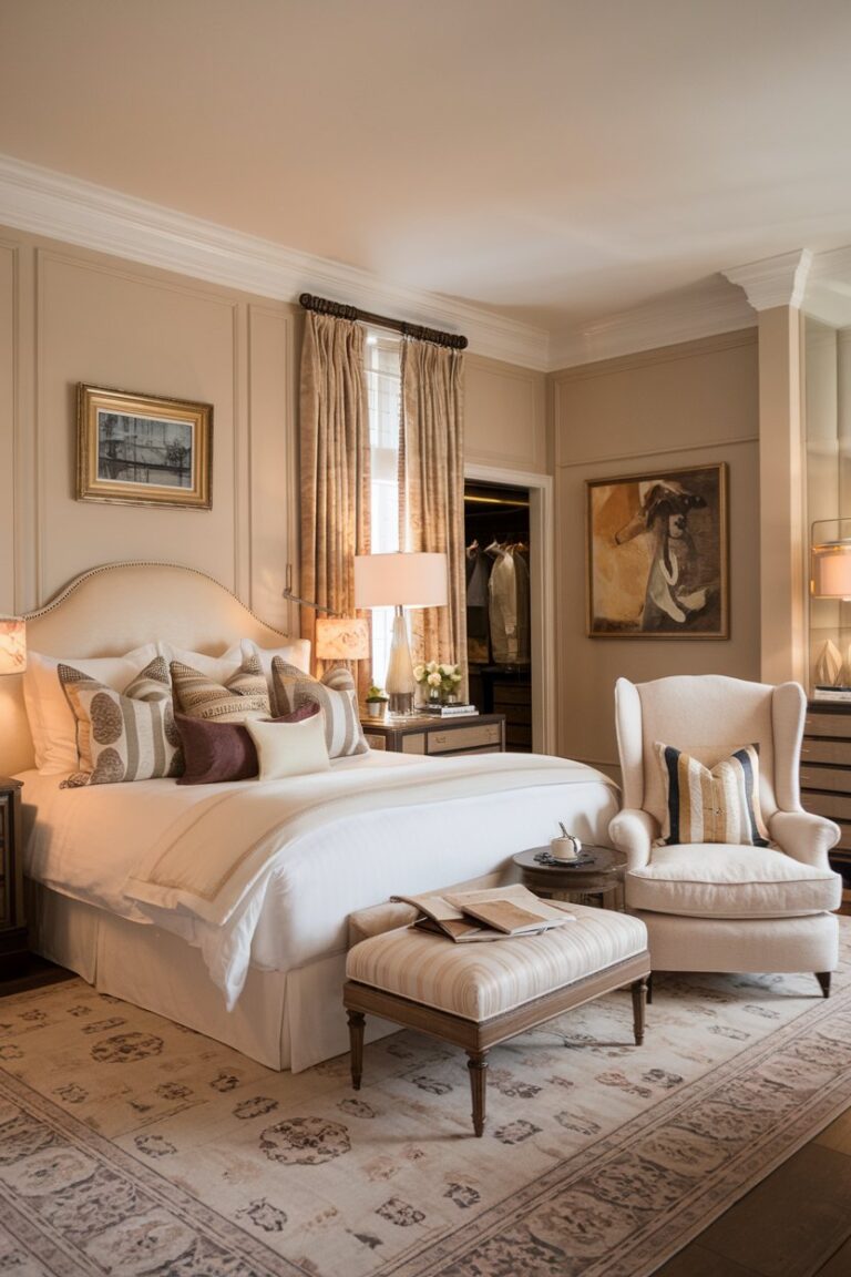 Cozy luxury bedroom with plush bedding and warm ambient lighting