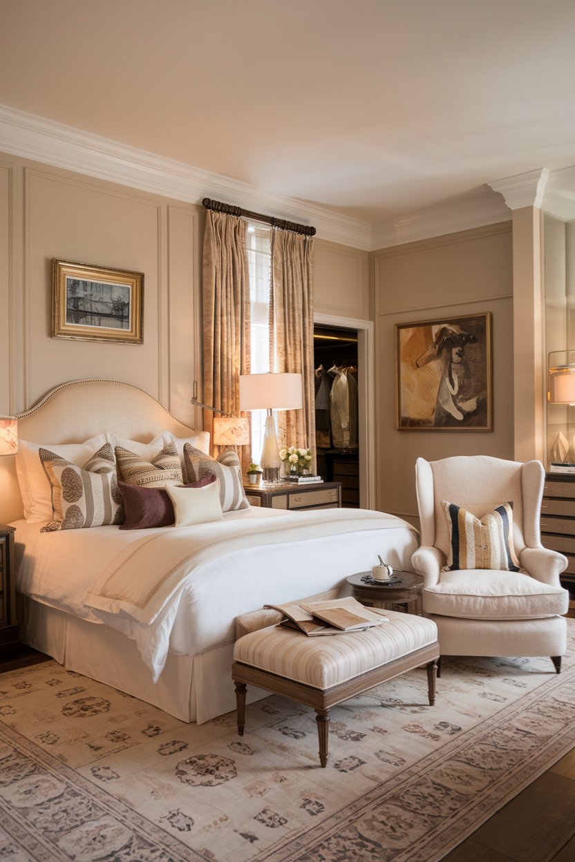 Cozy luxury bedroom with plush bedding and warm ambient lighting