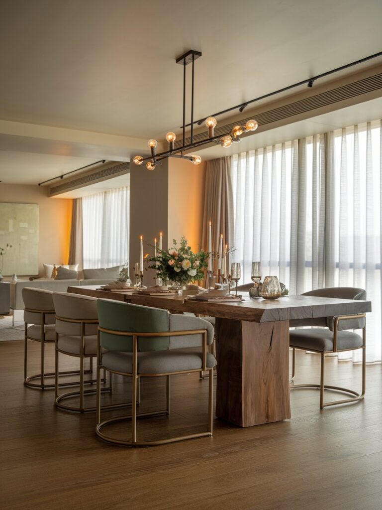 Modern dining room with wooden table and elegant pendant lighting