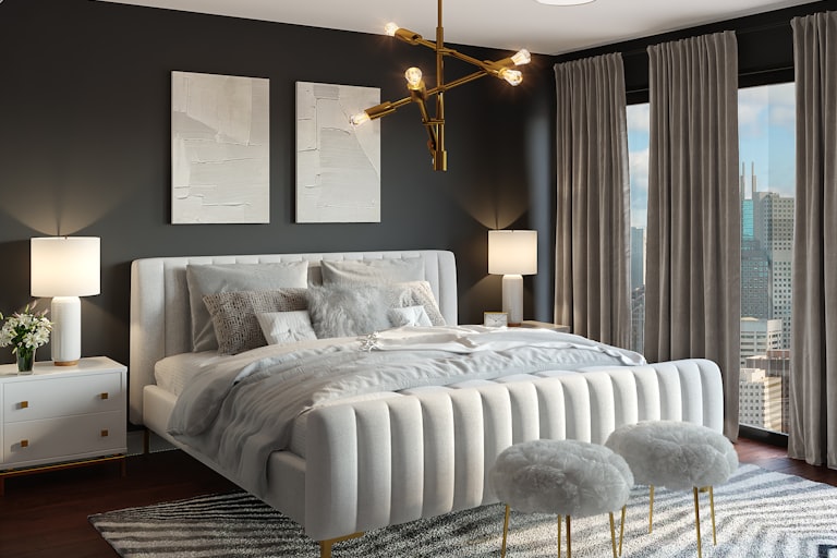 how to hang curtains - bedroom with floor length curtains