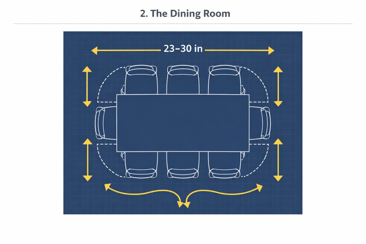 The Ultimate Room Dimension & Flexible Layout Guide for 2026 2 Dining room blueprint showing chair pull-out clearance and table spacing