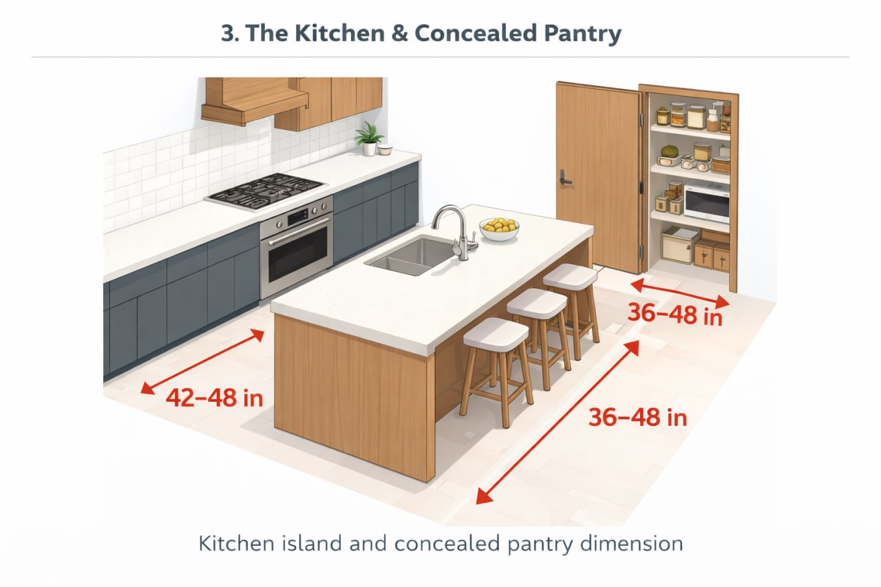 The Ultimate Room Dimension & Flexible Layout Guide for 2026 3 Kitchen island and concealed pantry dimensions and walkway widths