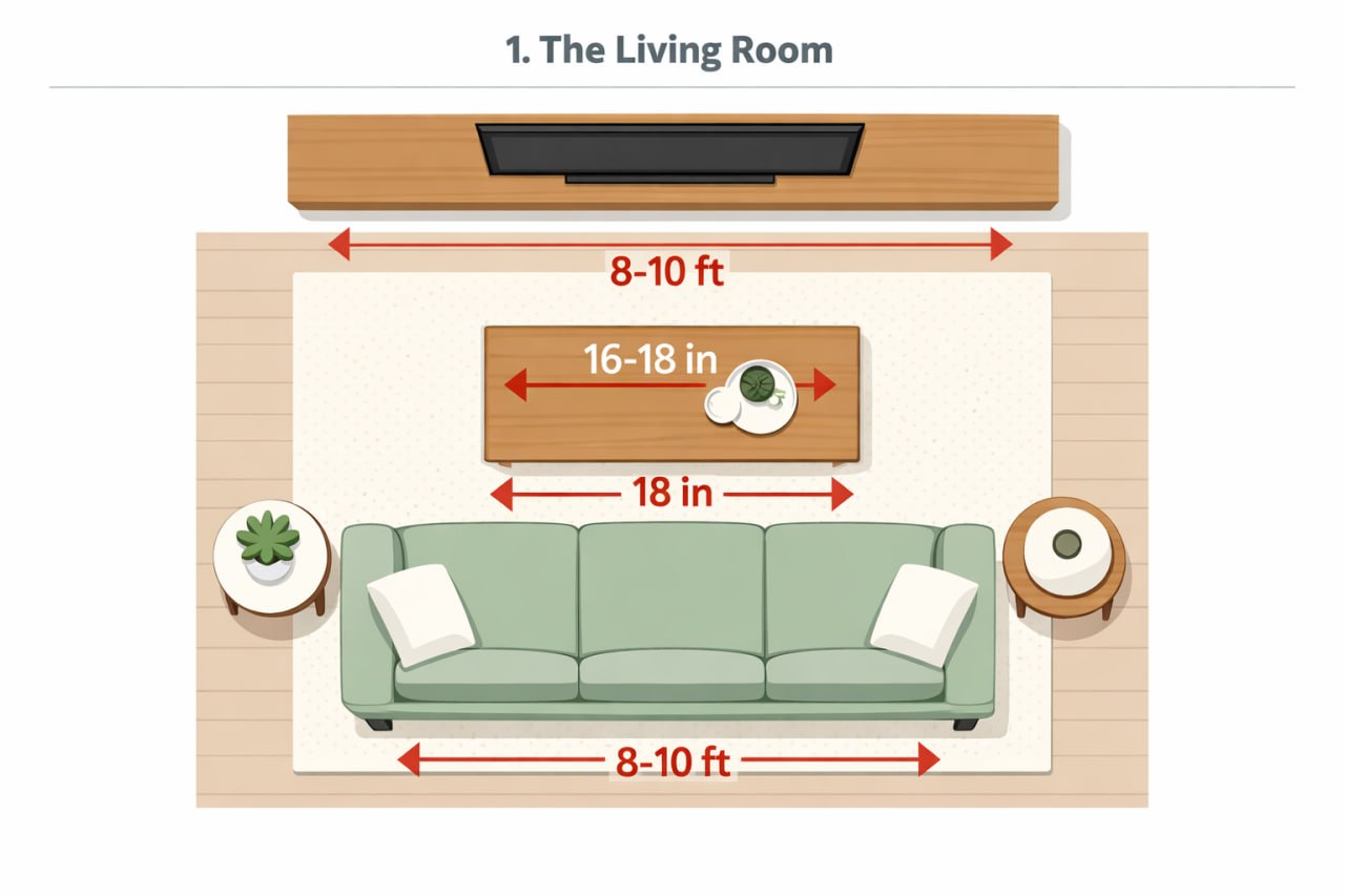 The Ultimate Room Dimension & Flexible Layout Guide for 2026 1 Top-down floor plan of a living room showing furniture spacing and dimensions