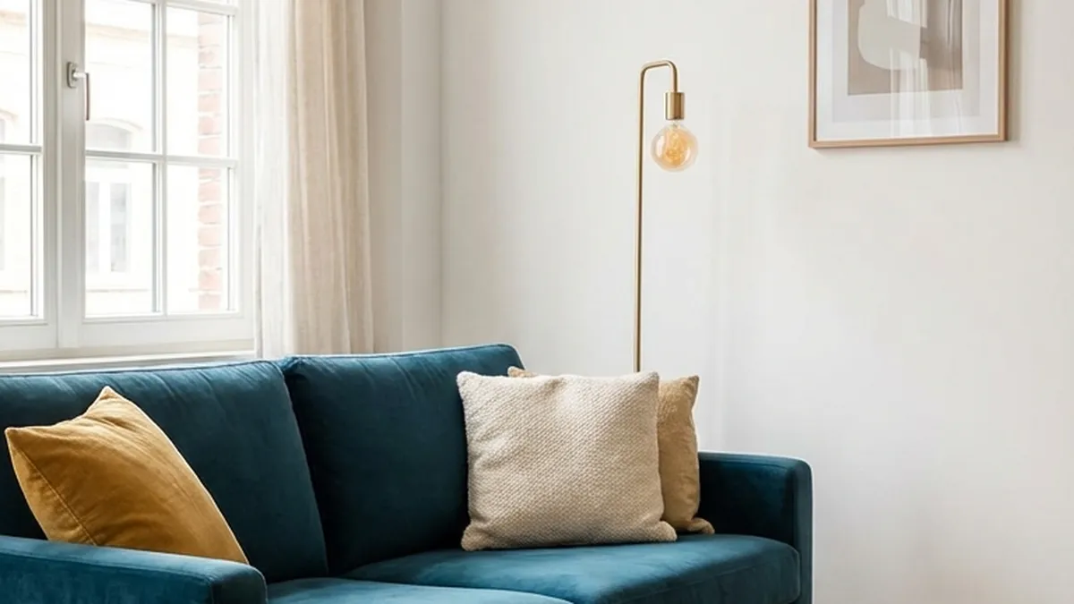 interior design styles - teal velvet sofa in minimalist style room