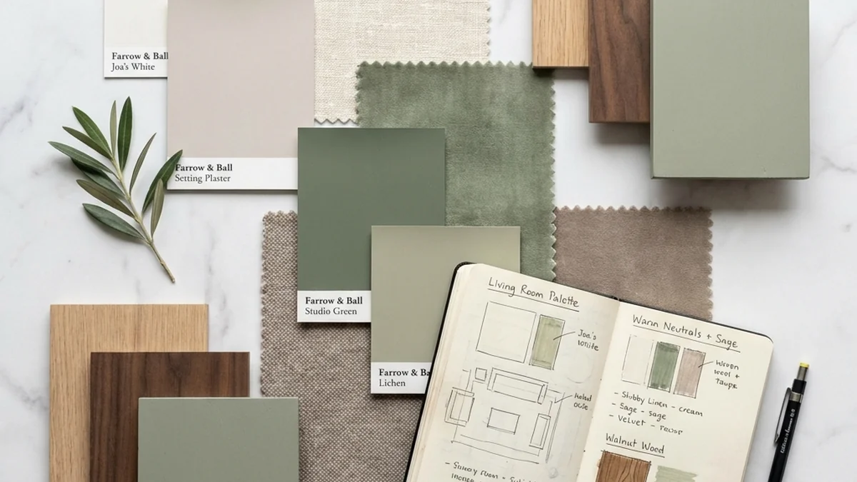 color palette for your home — mood board with paint chips and textiles