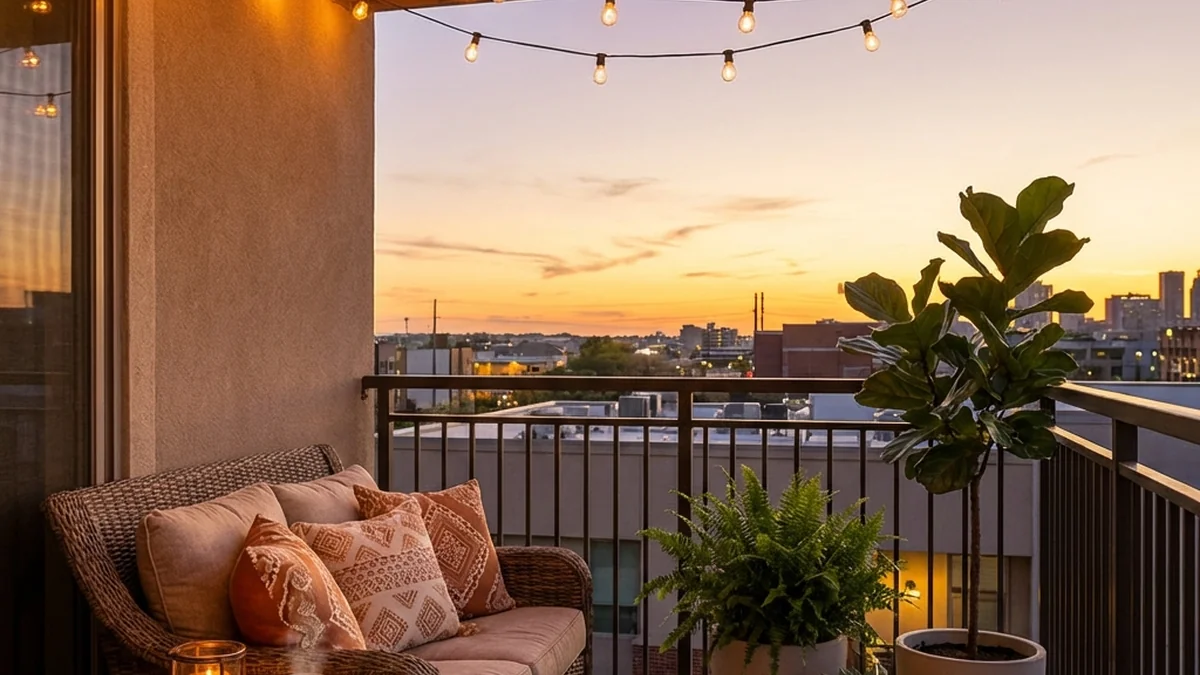 outdoor patio decor ideas — cozy balcony at dusk with string lights