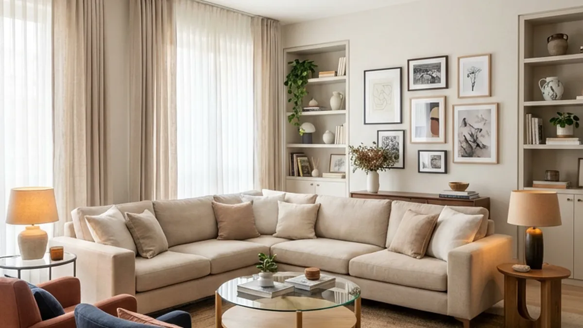 best rugs for living room - patterned rug under sectional with gallery wall