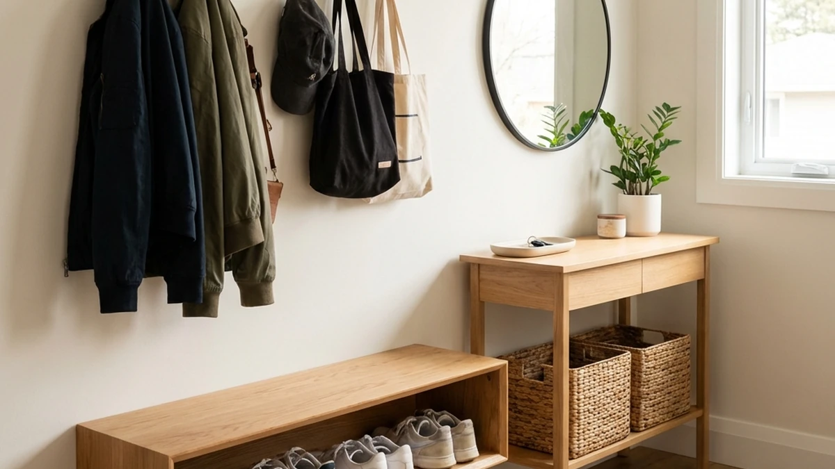 best storage solutions — modern entryway with bench and hooks