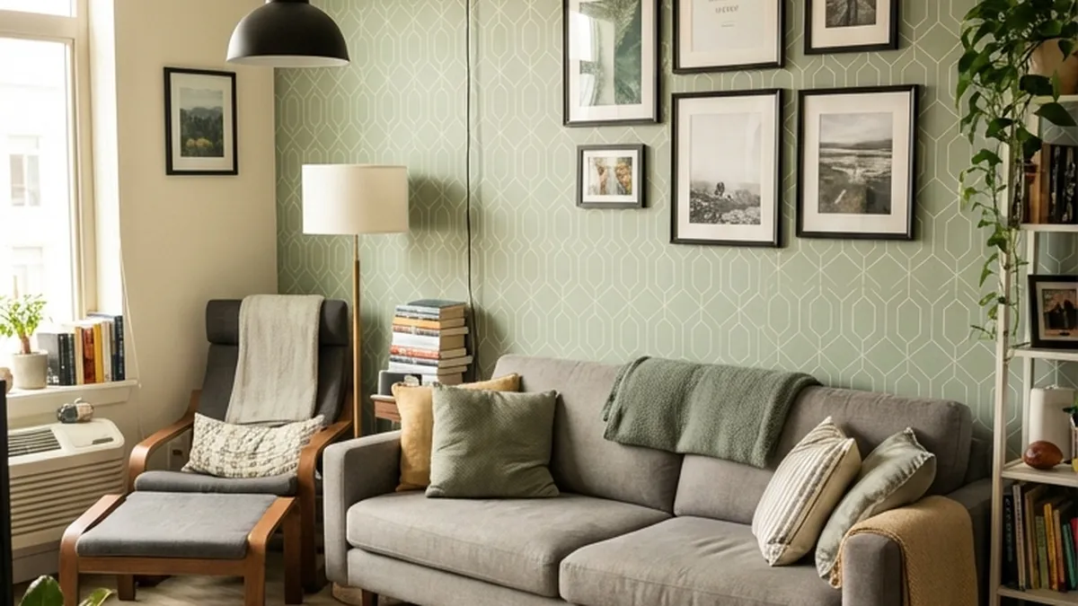 how to decorate an apartment - cozy renter apartment with green wallpaper