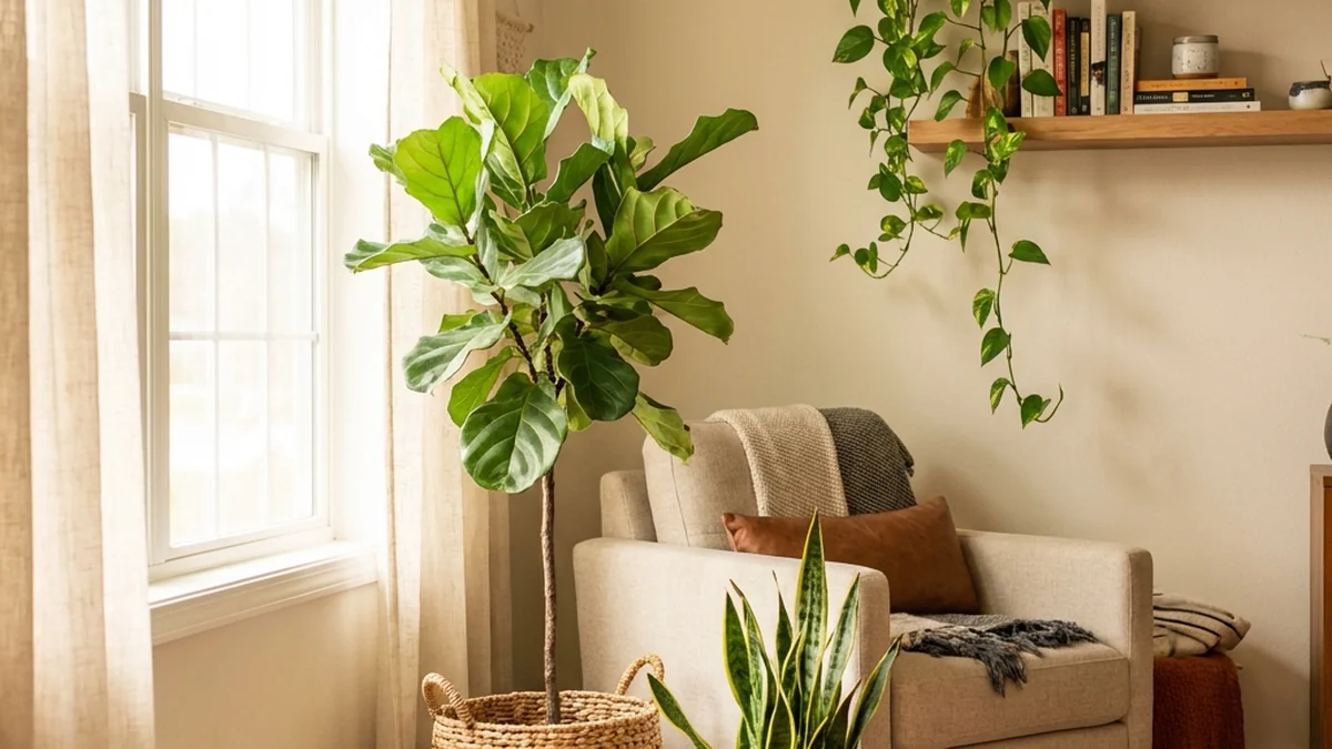 best plants for home decor - living room corner with houseplants