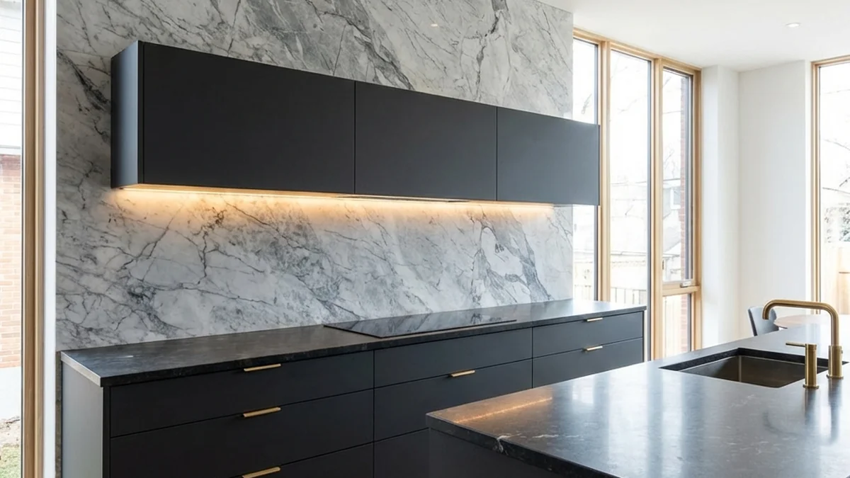 kitchen backsplash trends 2026 - full-height stone slab kitchen