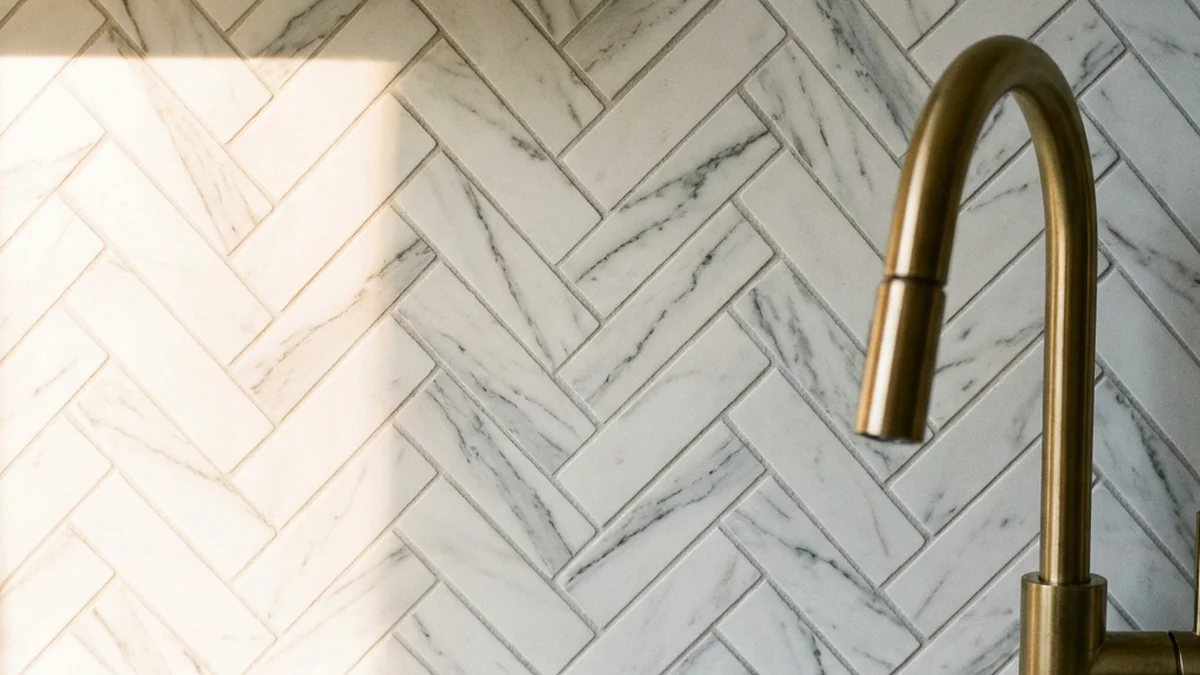 kitchen backsplash trends 2026 - white herringbone tile detail