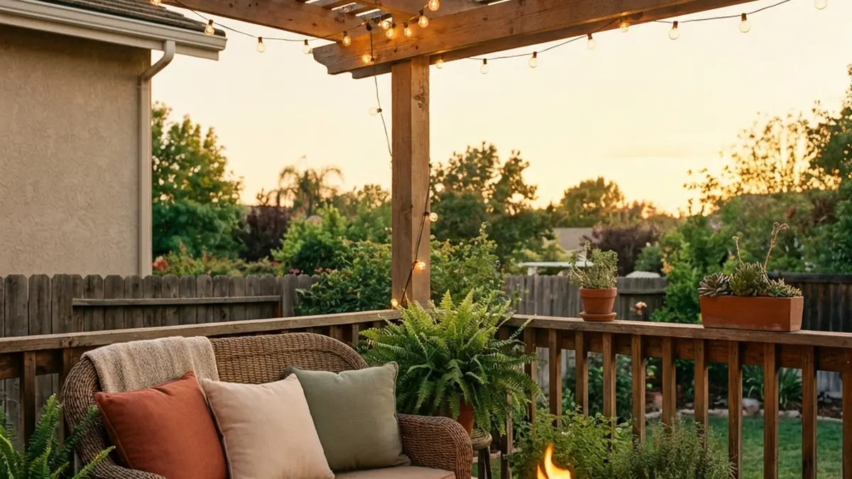 outdoor patio decor ideas - cozy styled patio with string lights and seating