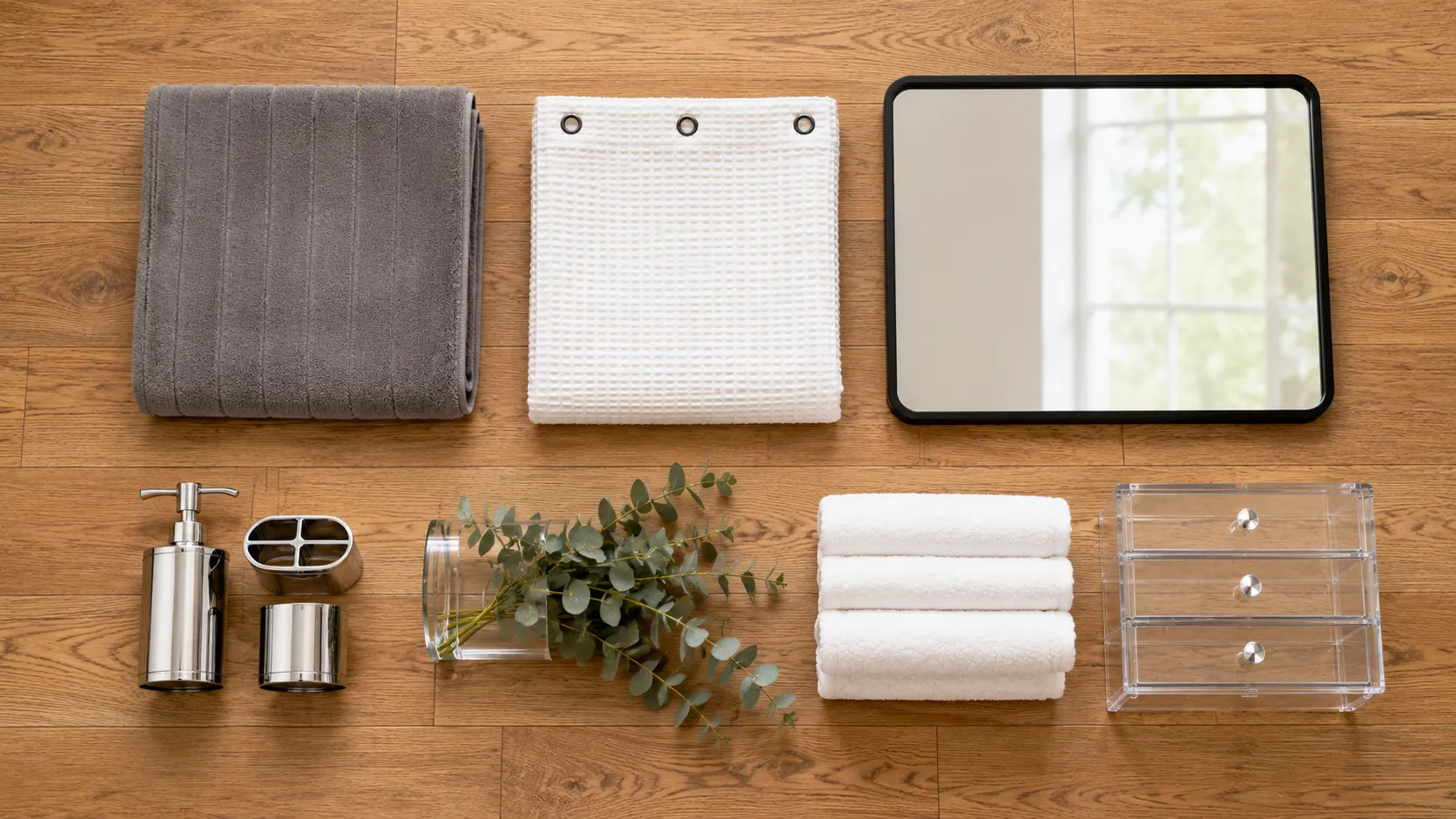 Best Bathroom Decor Under $100 (2026): 10 Picks That Look More Expensive 4 Flat lay of the best bathroom decor under $100 picks for 2026 - towels, mirror, eucalyptus, soap dispenser and countertop organizer arranged on wood