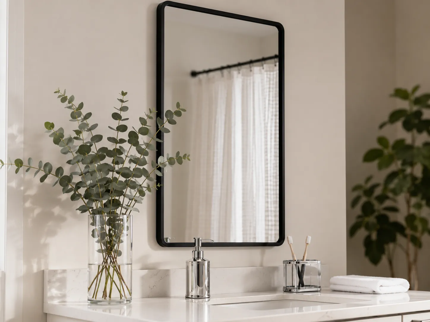 Best Bathroom Decor Under $100 (2026): 10 Picks That Look More Expensive 3 Styled bathroom corner with matte black framed mirror and faux eucalyptus in glass vase showing the best bathroom decor under $100 style picks