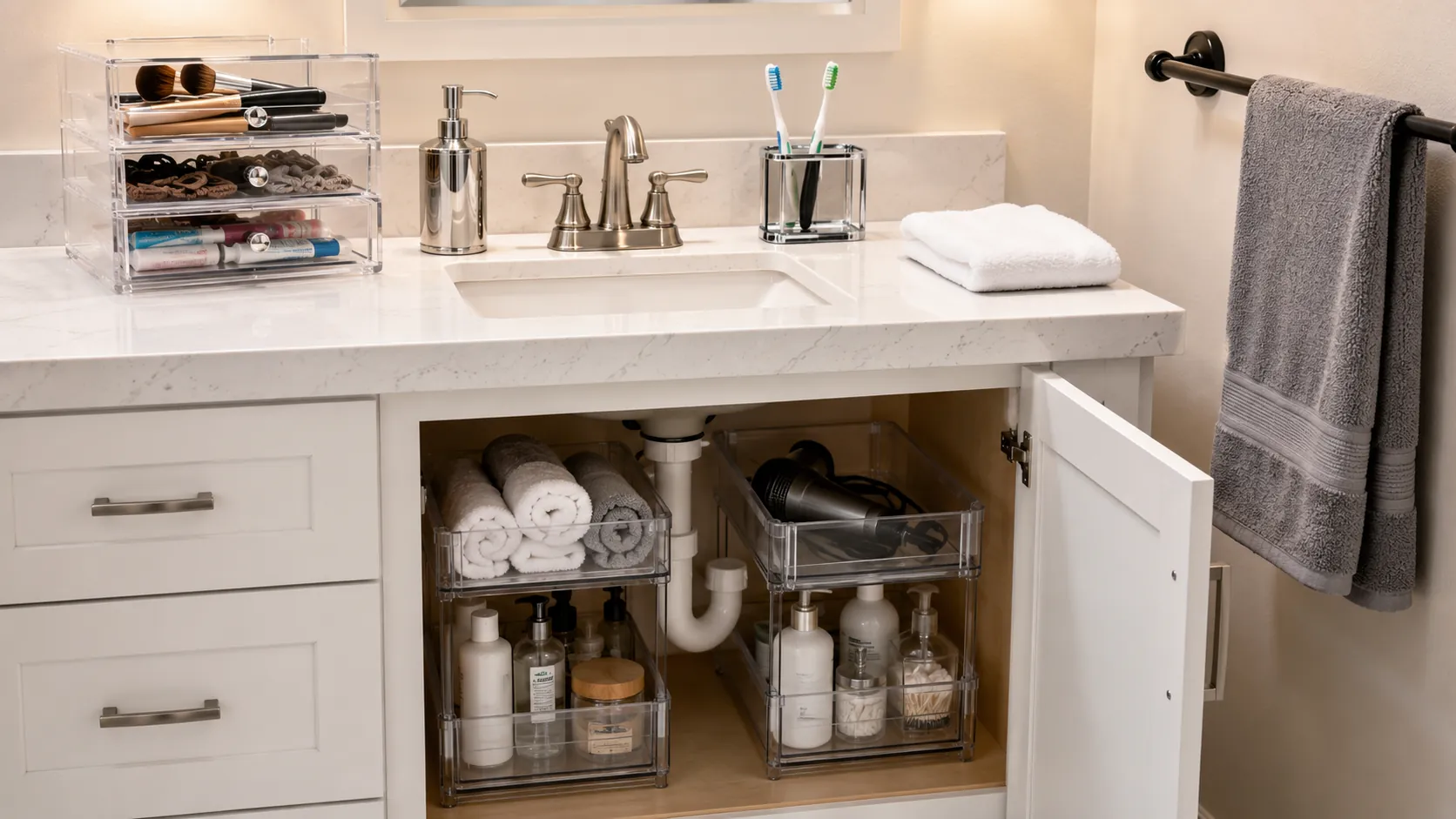 Best Bathroom Decor Under $100 (2026): 10 Picks That Look More Expensive 2 Modern bathroom vanity with clear countertop organizer and under-sink pull-out storage drawers for the best bathroom decor under $100