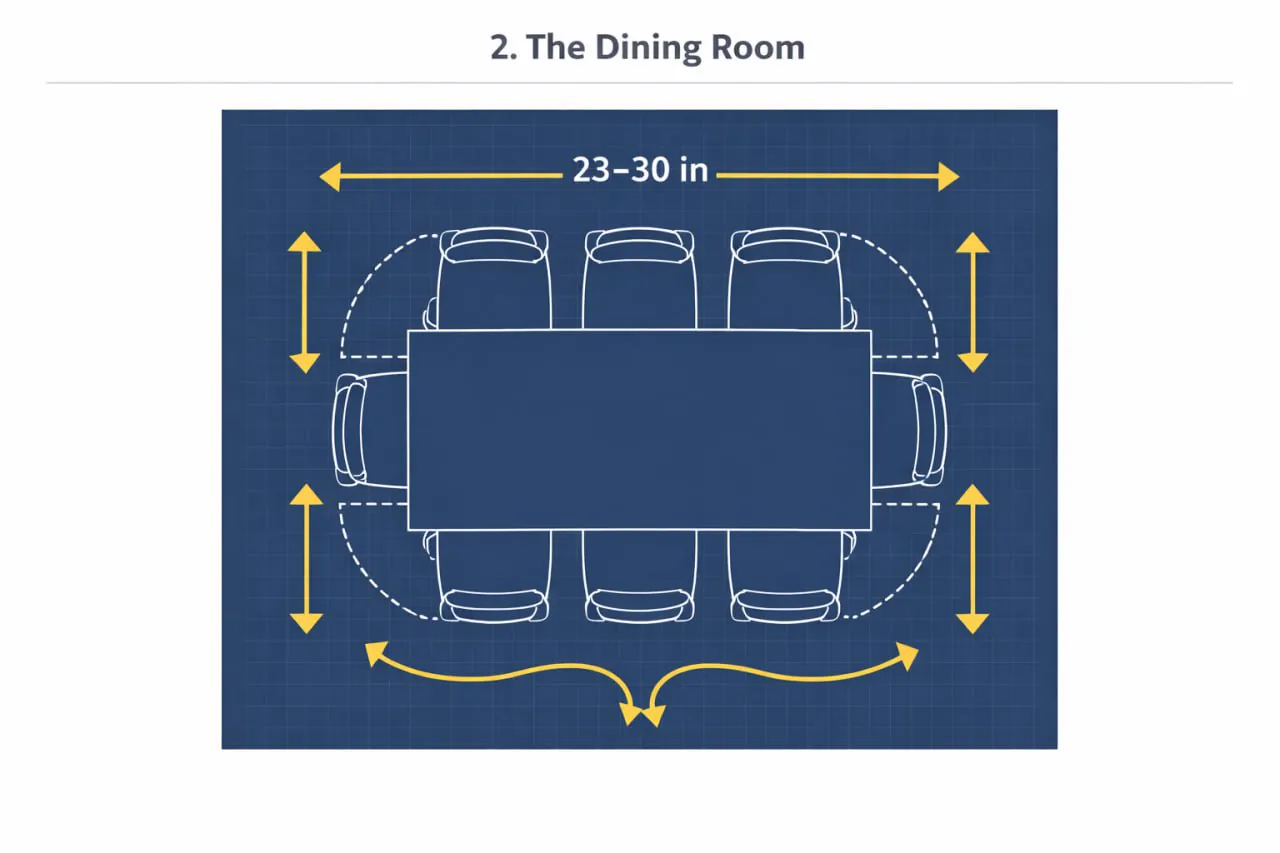 The Ultimate Room Dimension & Flexible Layout Guide 2 Dining room blueprint showing chair pull-out clearance and table spacing