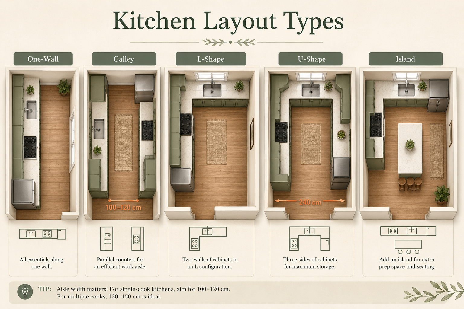 Five standard kitchen layout types compared side by side: one-wall, galley, L-shape, U-shape, and island.