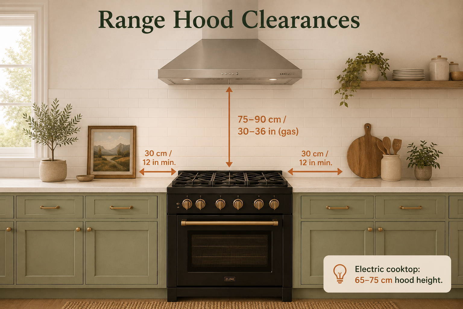 Range hood clearance diagram showing 75-90 cm gas, 65-75 cm electric hood height, and 30 cm landing space on each side of the range.
