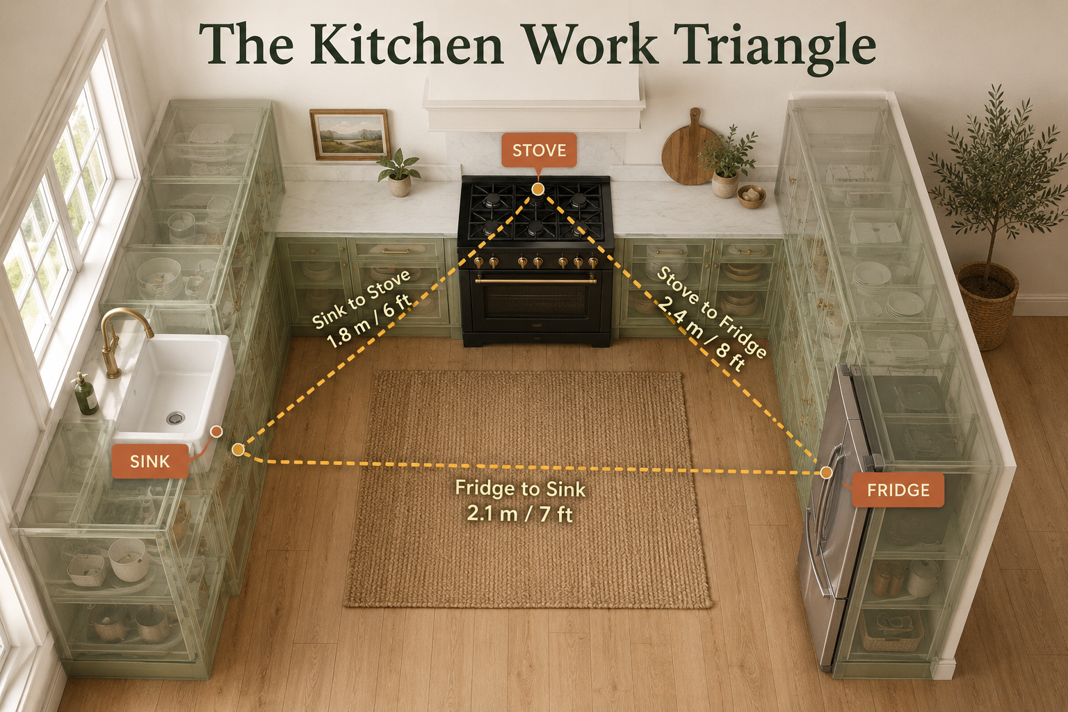 The kitchen work triangle illustrated with a dotted line connecting sink, stove, and refrigerator, with leg distances labeled.